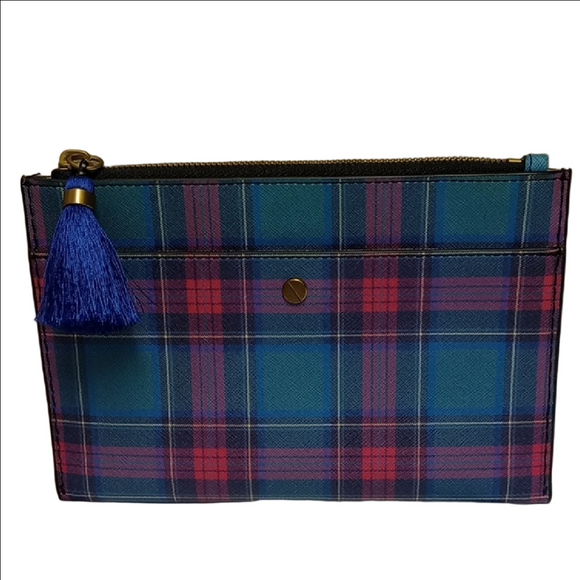 J. Crew Handbags - J.CREW BLUE & PINK PLAID ENVELOPE LEATHER CLUTCH WITH TASSEL